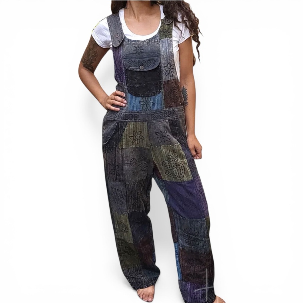 Ark Imports Enya Hand Printed Patchwork Cotton Overalls Women’s Size Small - Picture 2 of 10